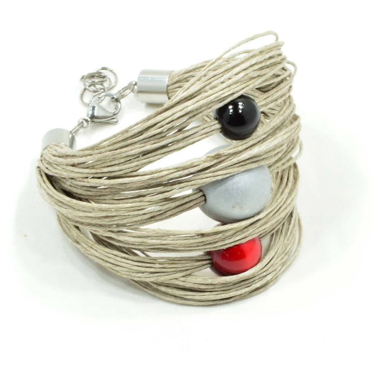 czarny-srebrny-czewony-branzoletka-lniana